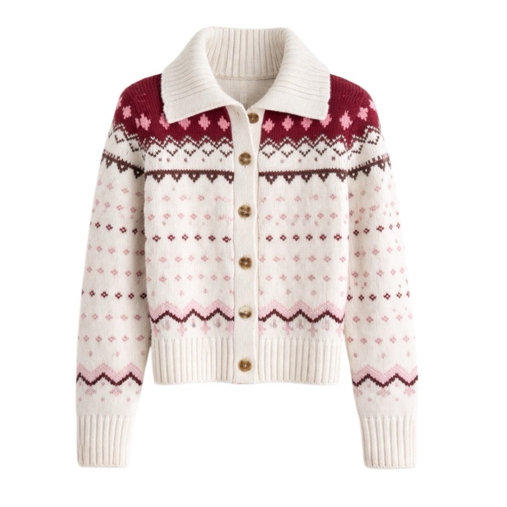 Abercrombie - NWT Fair Isle Cardigan Wool Blend Collared Cozy Sz XS